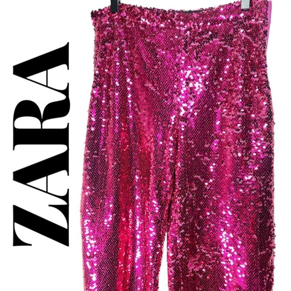 NWT ZARA LIMITED EDITION RED SEQUIN WIDE LEG PANTS, SIZE MEDIUM - Picture 4 of 13